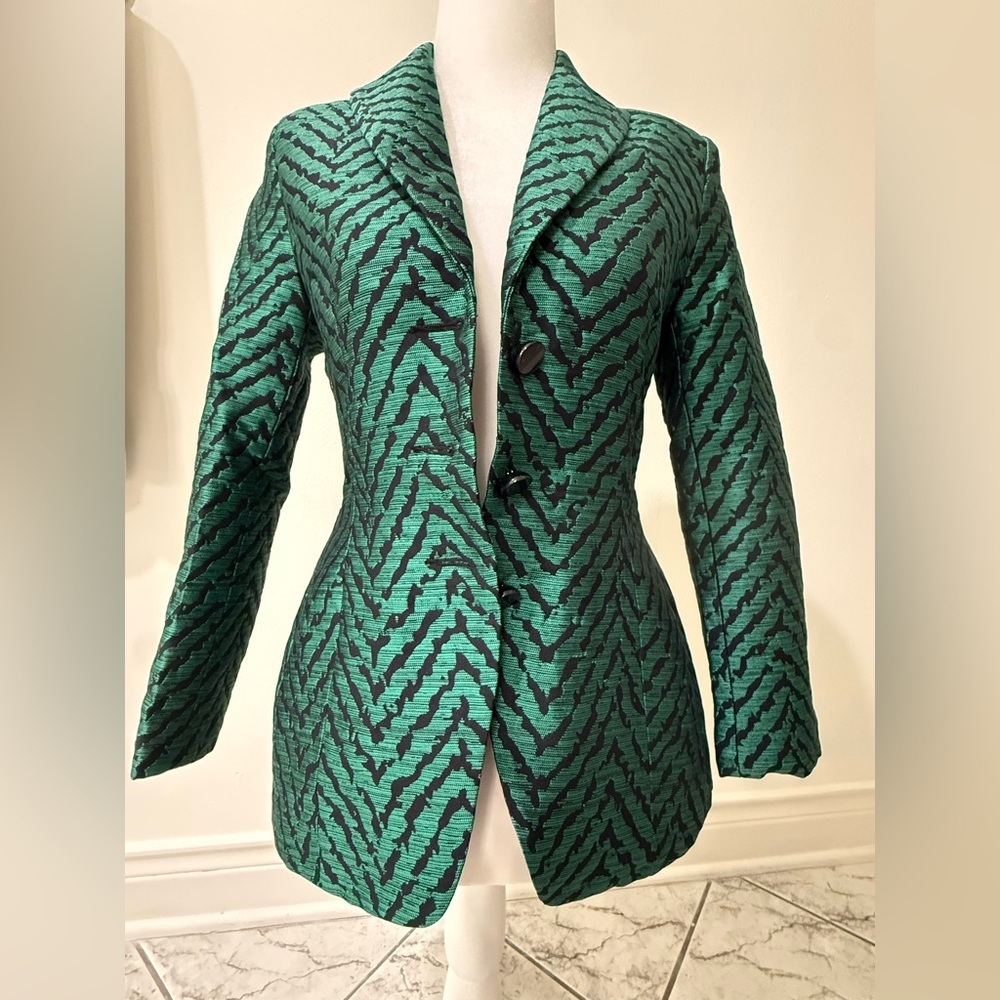 Emerald‎ Green Textured Blazer – Size 32 – Statement Zebra Jacquard Pattern - Picture 11 of 12